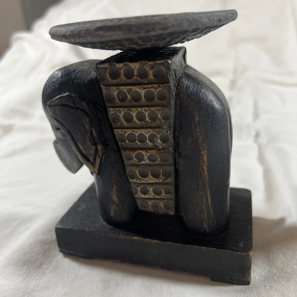 Vintage Carved‎ Wood Horse & Elephant Candle Holders Set Brass Accents Folk Art